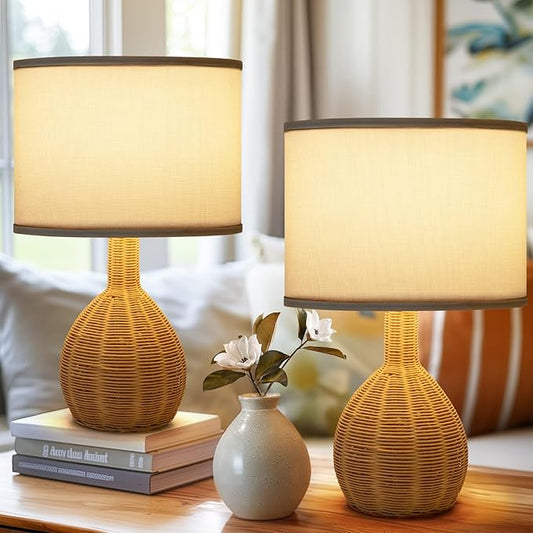 Rattan Table Lamp Set of 2 - Natural Woven Design, 15W LED Bulb Included, Modern Boho Style Nightstand Lamps for Bedroom, Living Room, or Office Decor