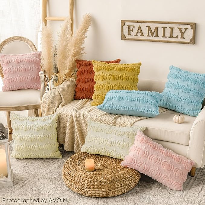 AVOIN colorlife Fall Pumpkin Blue Throw Pillow Covers, 16 x 16 Inch Seasonal Autumn Thanksgiving Harvest Decoration Soft Plush Faux Fur Jacquard Cushion Case Decoration for Sofa Couch Set of 2