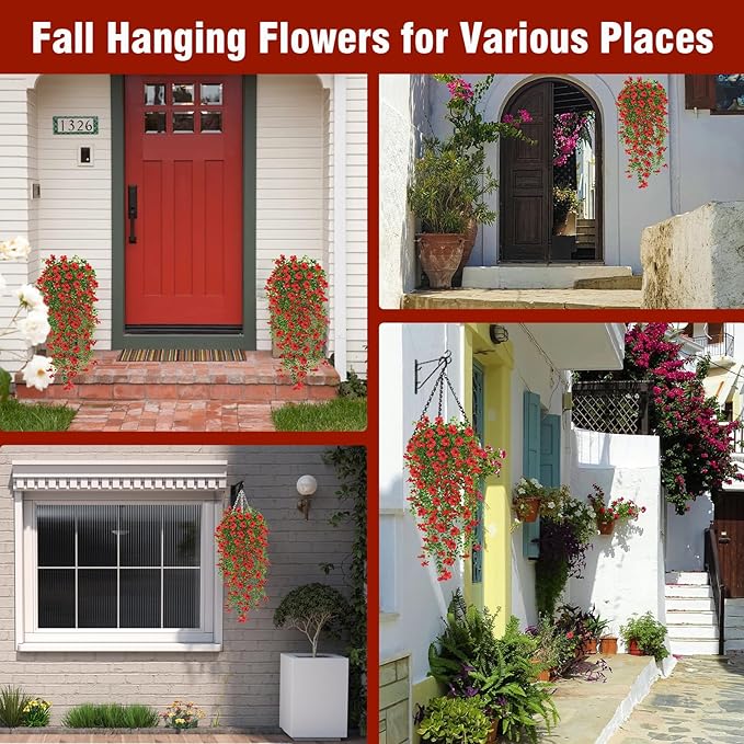 4 Pcs Fall Artificial Hanging Flowers for Outdoors,Fake Hanging Plants,Artificial Mums for Outdoors,Fall Decorations for Home,Outdoor Fall Decor(Red)