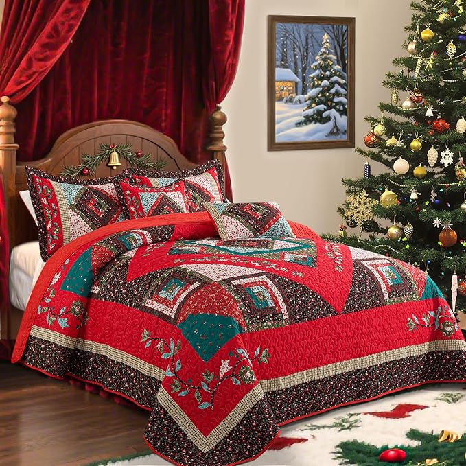 VAPUTAR King Quilt Bedding Set, Cotton Christmas Quilt Bedding Set Lightweight Coverlet with 2 Shams(98"X106"), King Quilts Set for All Season, Farmhouse Style Bedspread
