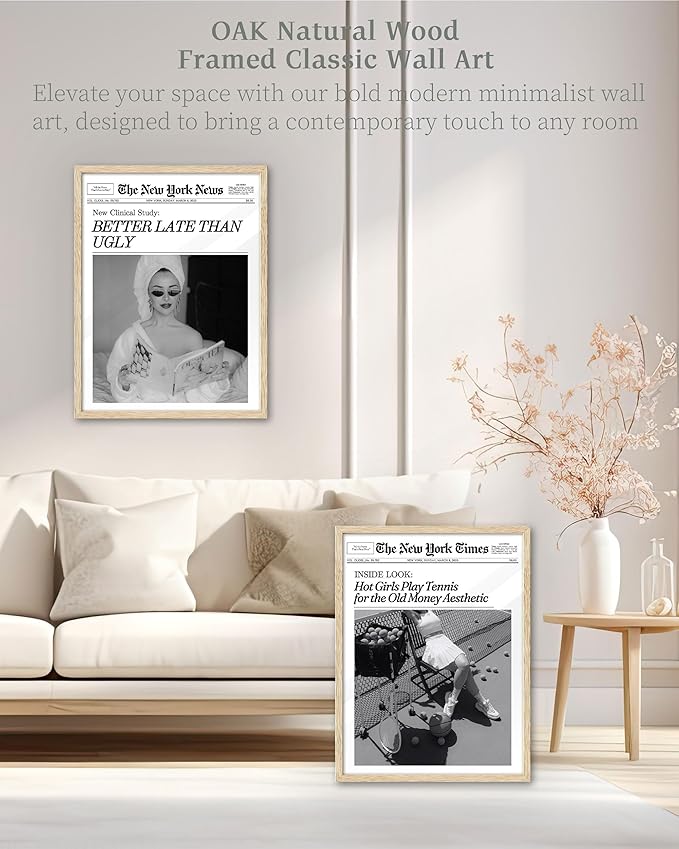 iHery Natural OAK Wood Trendy New York Newspaper Framed Wall Art, 12x16 in Hot Girl Tennis Old Money Aesthetic Vintage Headline Canvas Girl Print, Beige Frame Logs, Home Décor Living Room Set of 1