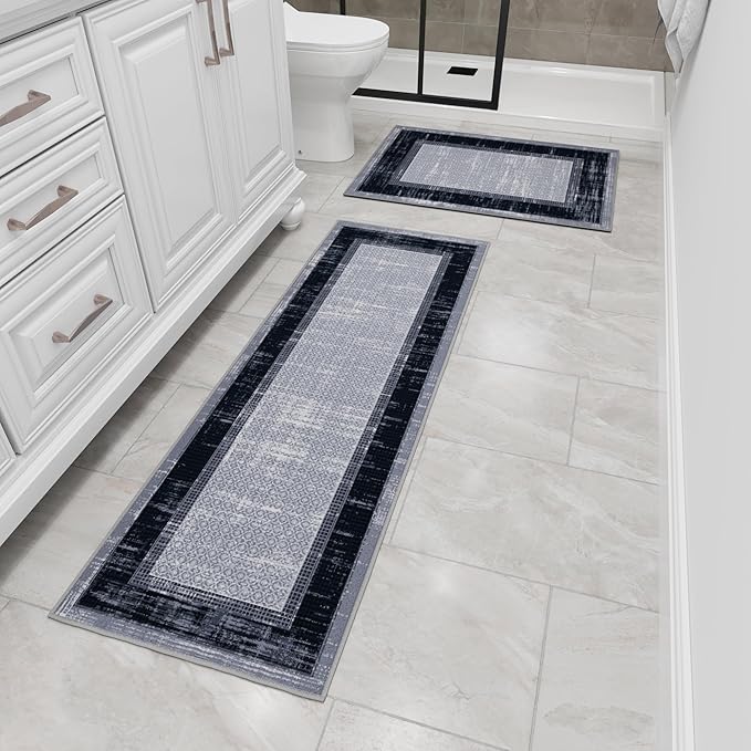 Ottomanson 2-Piece Kitchen Rug Set - Non Slip, Runner & Small Area Rug - Border - 20" x 59" & 2'3" x 3' - Durable, Stain Resistant for Entryway, Bedroom and Bathroom, Gray/Navy