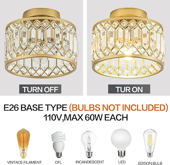Crystal Ceiling Light, Modern Semi Flush Mount Ceiling Light, Gold Crystal Chandelier for Kitchen Bedroom Bathroom Entryway (Bulb not Included)