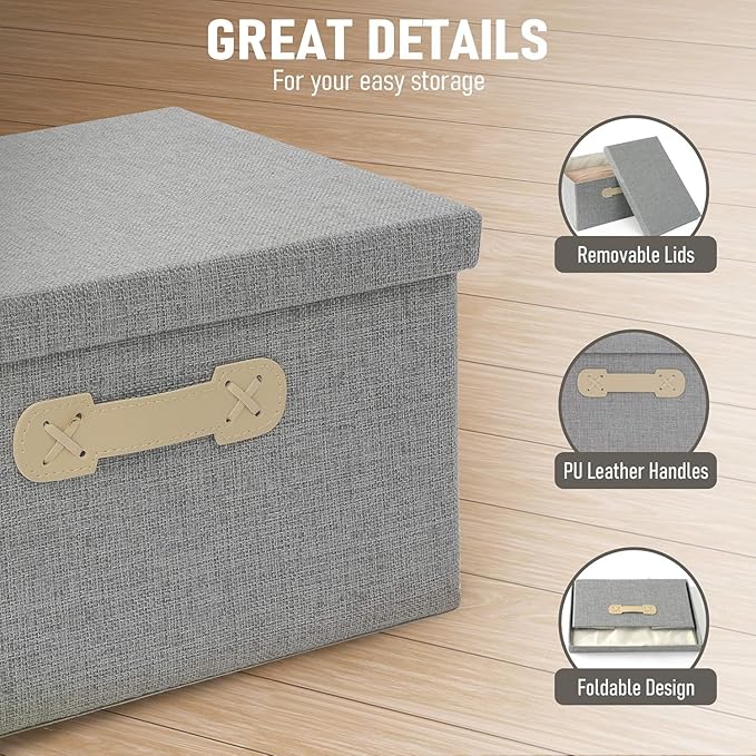 Enzk&Unity Decorative Storage Boxes with Lids, 3 Pack Grey Fabric Storage Bins with Handle, Foldbale and Stackable Storage Boxes for Shelf, Closet, Bedroom, Living Room