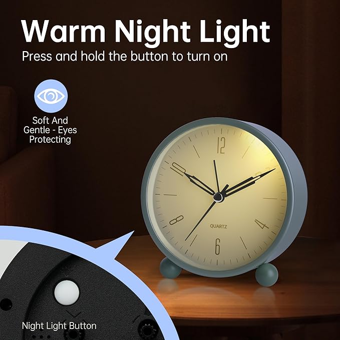 Analog Alarm Clock, 4 inch Super Silent Non Ticking Small Clock with Night Light, Battery Operated, Simple Design, Old fashioned Style SkyBlue decor, for Bedroom, Bedside, Desk, Adult, Kid, Gift, Blue