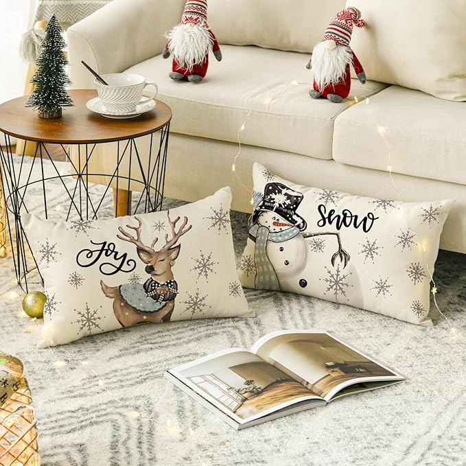 AVOIN colorlife Christmas Snowman Reindeer Gloves Eucalyptus Blue Throw Pillow Covers, 12 x 20 Inch Winter Holiday Stripes Cushion Case Decoration for Sofa Couch Set of 4