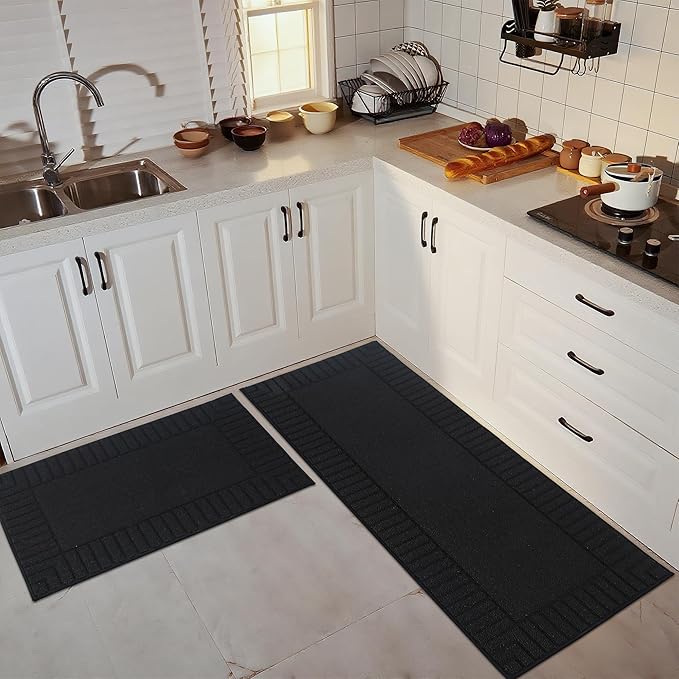BEQHAUSE-Kitchen-Rugs-and-Mats,2 PCS Non Slip Kitchen Floor Mat,Absorbent Kitchen Rug Sets Machine Washable Kitchen Runner Rug Black Kitchen Mat 24x35inch/24x60inch