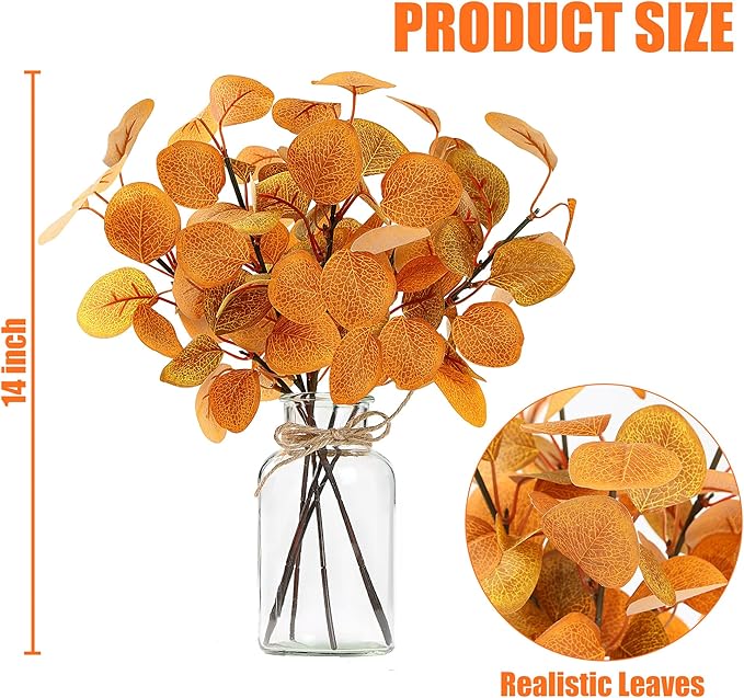 Sggcecsy 6 Pcs Fall Eucalyptus Leaves in Glass Vase 14" Artificial Autumn Stems Silver Dollar Leaves Fake Silk Branches with Vase for Indoor Home Autumn Festival Thanksgiving Decor