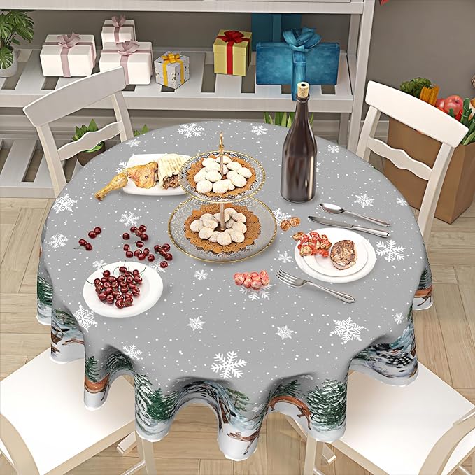 Winter Snowflake Round Tablecloth 60 Inch Winter Deer Pinetree Decoration Table Cloth Winter Woodland Decorative Table Cloth Holiday Tablecloths Christmas Snowman Table Cover for Home Kitchen Dinner