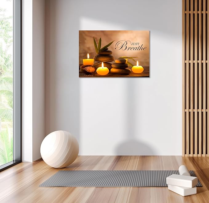 YIOZHAOFH Zen Wall Decor Just Breathe Motivational Bathroom Wall Art Yoga Room Poster for Women Spa Picture Painting Spiritual Artwork Framed for Living Room Ready to Hang (16L x 24W)