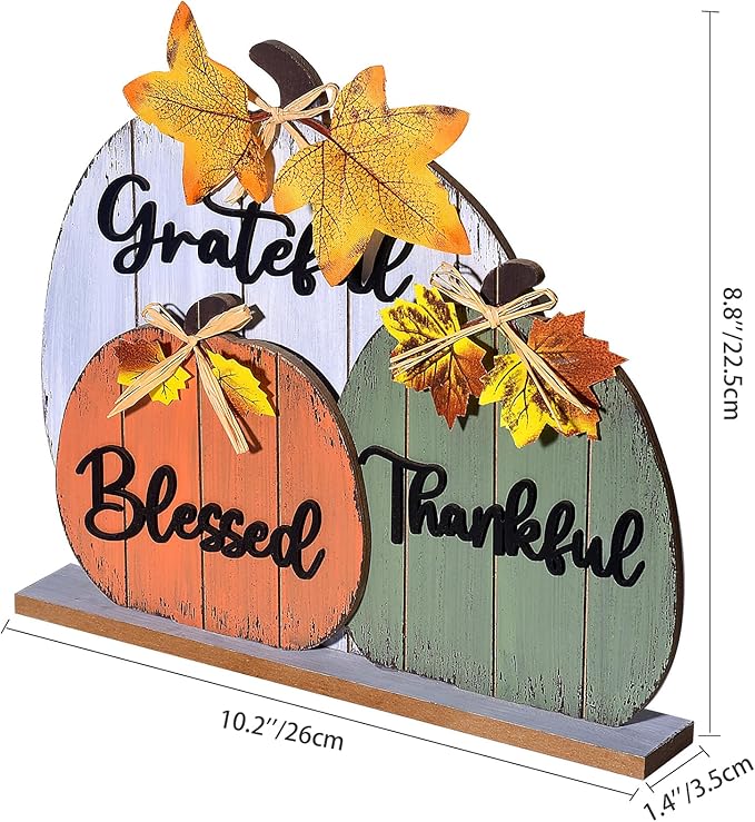 Fall Decoration Signs, Grateful Blessed Thankful Fall Decor for Fireplace and Tabletop Centerpiece Cozy Wooden Rustic Pumpkin Design for Halloween, Thanksgiving, and Autumn Holiday Indoor (3pcs)