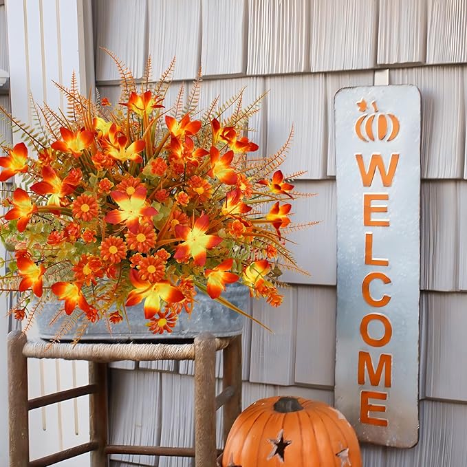 16Pcs Artificial Fall Flowers Outdoor Fake Fall Plants UV Resistant Autumn Greenery Plastic Flowers Shrubs for Outside Porch Patio Garden Boxwood Thanksgiving Decor