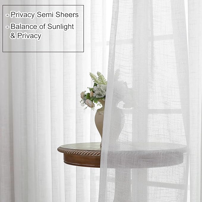 Off White Semi Sheer Curtains 84 Inches Long 2 Panels, Rustic Linen Look Light Filtering Drapes, Modern Farmhouse Window Decor, Pinch Pleat Curtain with Hooks