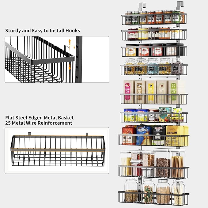 Moforoco 9-Tier Over The Door Pantry Organizer, Pantry Organization and Storage, Black Hanging Basket Wall Spice Rack Seasoning Shelves, Home & Kitchen Bedroom Bathroom House Essentials