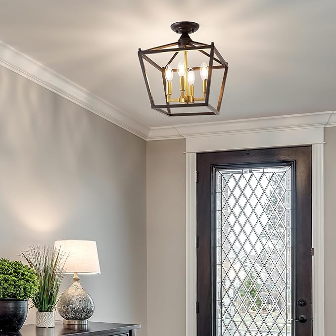 JONATHAN Y JYL7610G Plains Mini Lantern 12" 4-Light Iron Modern Farmhouse LED Flush Mount, Office, Living Room, Family Room, Dining Room, Bedroom, Hallway, Foyer, Oil Rubbed Bronze/Brass Gold