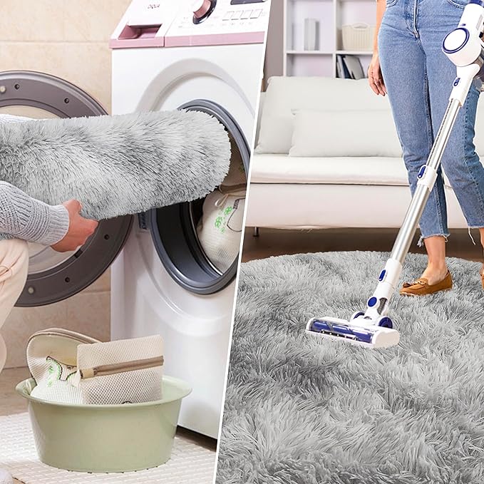 Tie Dye Grey Round Rugs Small 2x2 ft Fluffy Circle Rug Furry Carpet Shaggy Circular Fuzzy Plush Area Rug for Girls Bedroom Kids Room Nursery Cute Room Decor Chair Cushion Pet mat Doormat