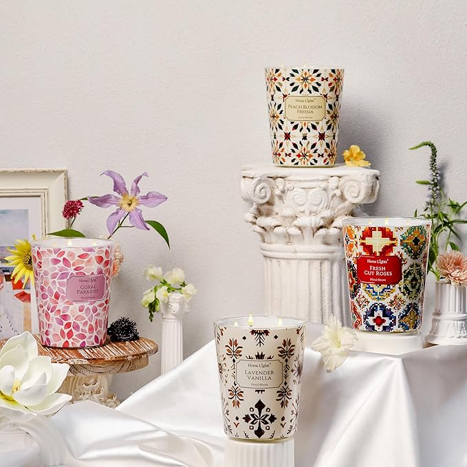 HomeLights Large jar Candle | 3-Wick Long-Lasting Scented Candles, 34oz Natural Soy Wax Candle for Home Scented, Bohemian Natural Textures Gifts for Women & Men, Lavender Vanilla