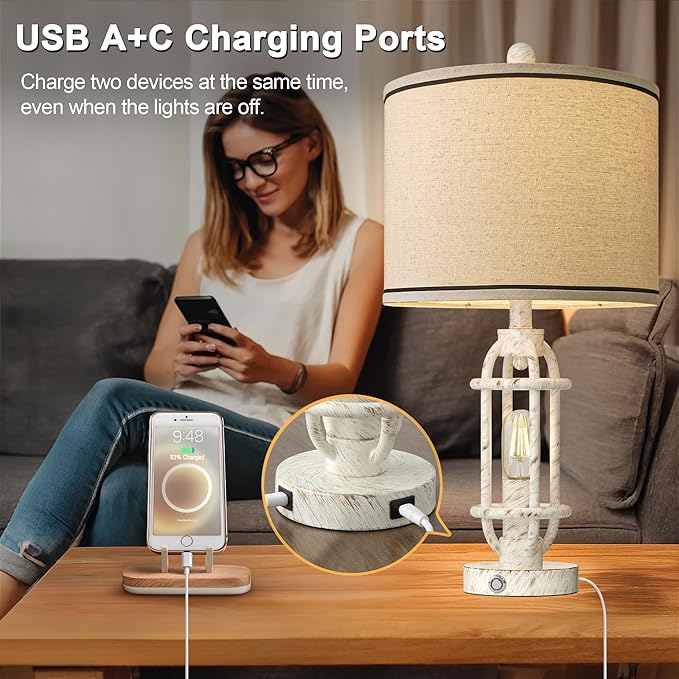 23.75'' Table Lamps Set of 2 for Living Room Bedroom Industrial Farmhouse Metal Touch Lamps with USB A+C Ports, Night Light Vintage Nightstand Bedside Lamp, Bulbs Included, White