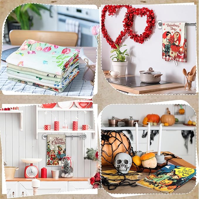 12 Pcs Seasonal Kitchen Towels Set for All Holidays Hand Dish Tea Towels Fall Halloween Christmas Cute Drying Dishcloths Decorative Absorbent Wash Cloths(Vintage Style)