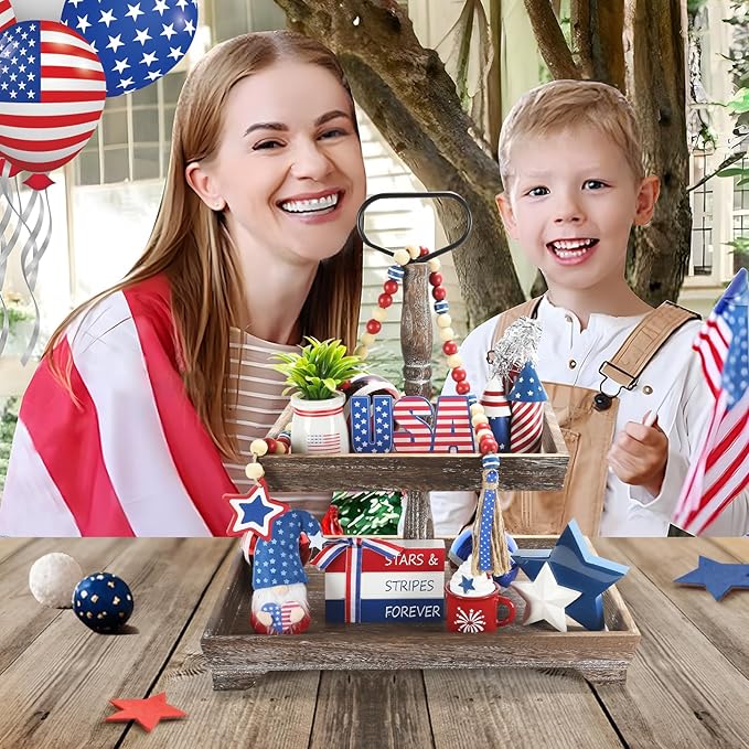 4th of July Decorations, Memorial Day Decorations, Independence Day Patriotic Tiered Tray Decor Set, 8 Pieces Fourth of July Centerpieces for Home Office Table Shelf, Red White and Blue Decorations