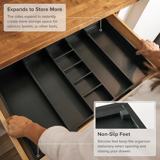 Adjustable Kitchen Drawer Organizer for Utensils and Junk, Food-Safe Contract Grade with 100% Sustainable Wood, Expandable from 16 to 28 Inches Wide - Black Bamboo