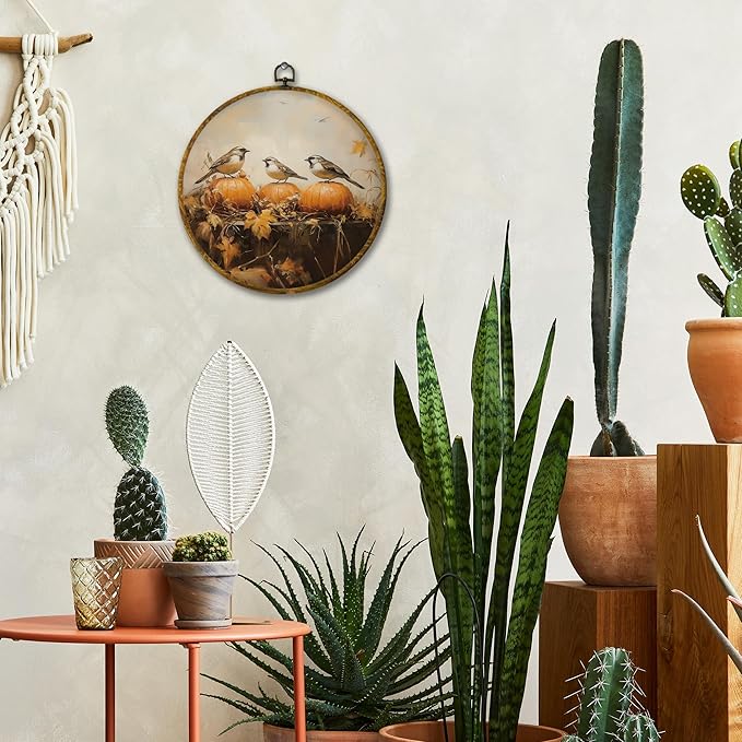 Mcehtle Rustic Fall Bird Pumpkin Wall Art Decor, Autumn Maple Leaf Sparrow Bird Framed Canvas Prints 10x10, Thanksgiving Halloween Farmhouse Round Wall Hanging Artwork Decorations for Home Bedroom