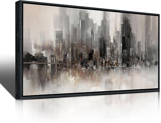 Nyc Skyline Painting Wall Art Grey Buildings Picture for Living Room Modern Home Bedroom Decoration Black and White and Brown Framed Artwork Decor