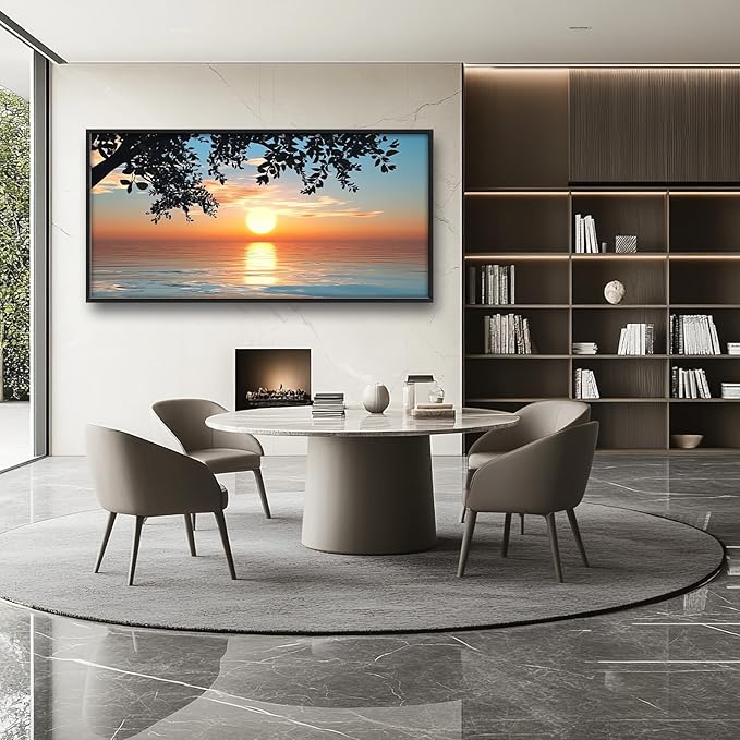 Framed Large Lake Sunset Wall Art, Oversized Natural Landscape Wall Decor for Living Room, Tree Leaves Canvas Painting Pictures Home Decoration for Living Room Bedroom Office 60"x30"