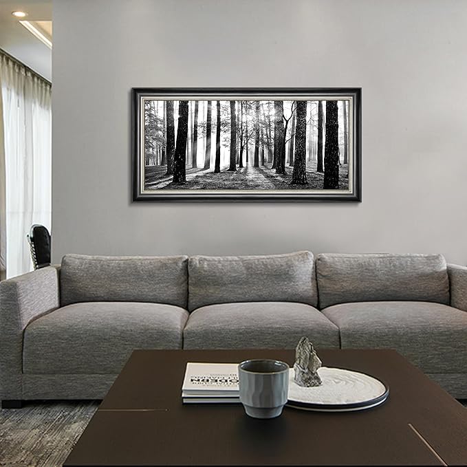 Black and White Forest Canvas Art: Framed Tree Sunshine Wall Painting Nature Foggy Landscape Prints for Living Room