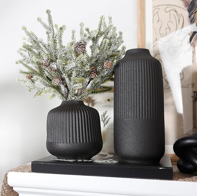 Black Ceramic Vase Set of 2, Modern Decor, Neutral Vases for Home Decor Boho Decor, Vases for Kitchen, Bedroom, Office, Living Room & Bathroom, Shelf Decor, Centerpiece Table,Mantel (Matt Black)