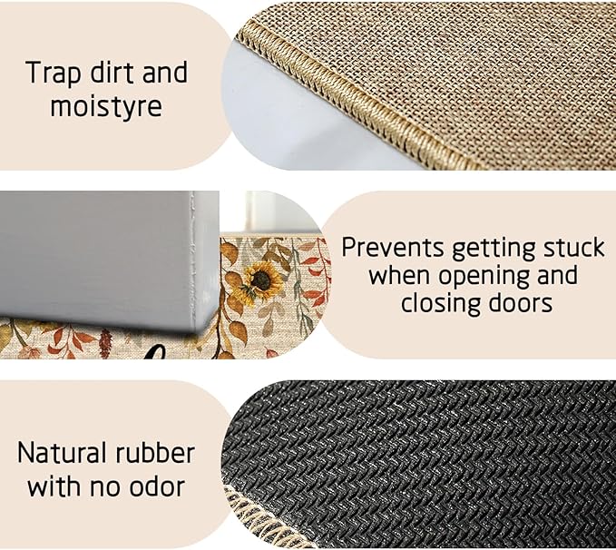 ORTIGIA Welcome Fall Doormat Eucalyptus Leaves Sunflowers Door Mats Indoor Outdoor Patio Non-Slip Durable Entrance Floor Mat for Farmhouse Home Entrance, Outside, Yard, Patio 17x36 Inch