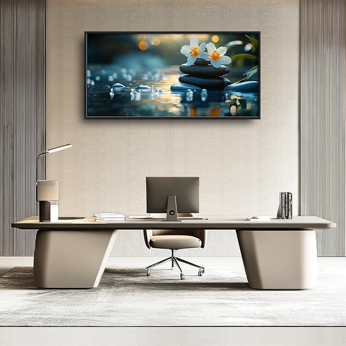 Zen Framed Wall Art for Living Room, Large Lotus Canvas Wall Decor, Stones in Water Landscape Pictures Painting, Modern Artwork for Spa Bathroom Bedroom 60L'' × 30W''