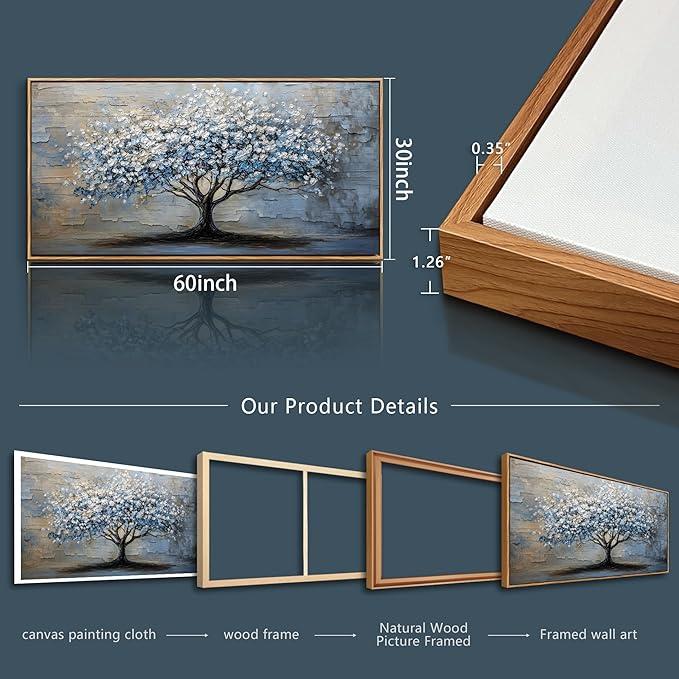 ERQINHUA Abstract Wall Art Living Room Large Wall Decor Wood Framed Art For Office Wall Pictures Blue Grey Tree Painting Canvas Printing Artwork Bedroom Restaurant Home Decoration Aesthetic 30"X60"