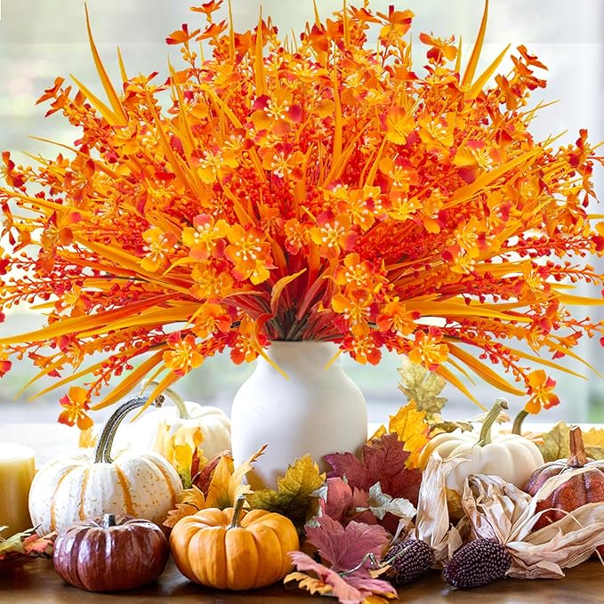 12 Bundles Artificial Fall Flowers for Outdoors Fake Plants UV Resistant Plastic Plants Shrubs Bushes for Home Fall Front Door Porch Garden Autumn Decor (Fall Orange)