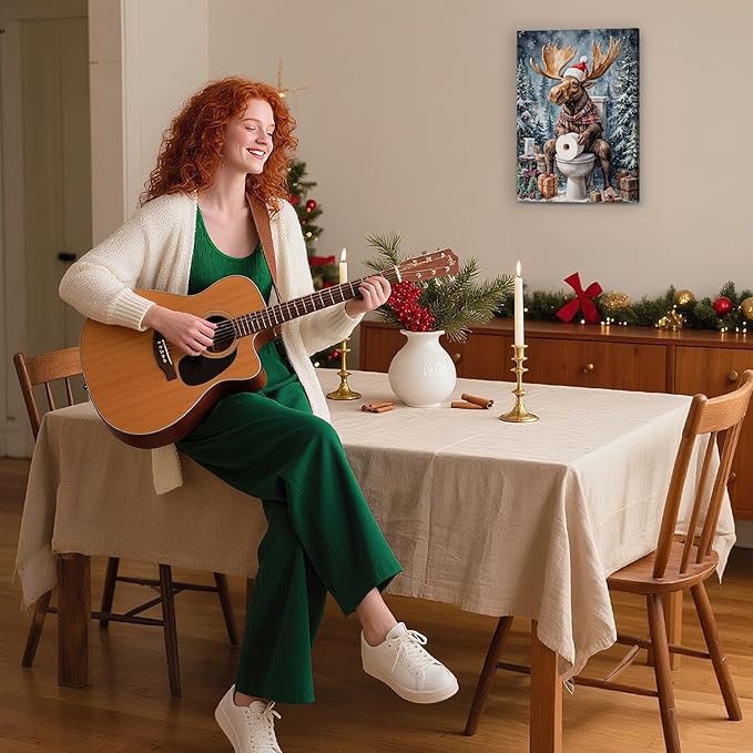 FITIE Funny Christmas Moose Bathroom Canvas Wall Art Poster, Vintage Holiday Winter Christmas Framed Artwork Prints Wall Decor for Bathroom Washroom Restroom Toilet, 11x14 Inch