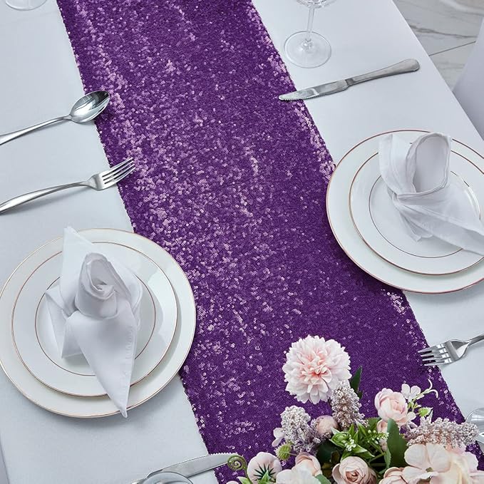 10 Packs 12 x 108 inches Purple Sequin Table Runner, Glitter Purple Table Runner for Wedding Birthday Bachelorette Holiday Party Supplies Decorations Bridal Shower Baby Shower