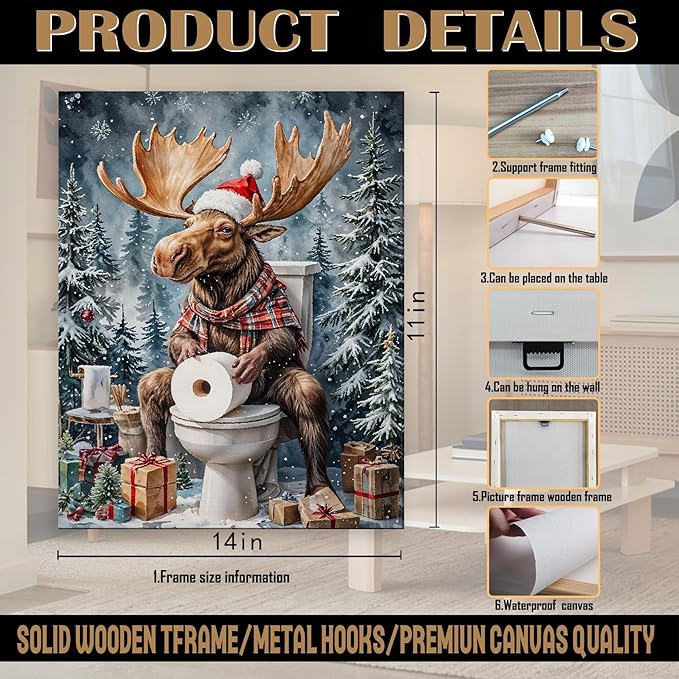 FITIE Funny Christmas Moose Bathroom Canvas Wall Art Poster, Vintage Holiday Winter Christmas Framed Artwork Prints Wall Decor for Bathroom Washroom Restroom Toilet, 11x14 Inch