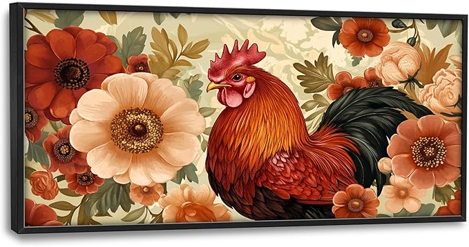 Lovira Farmhouse Rooster Large Wall Art Rustic Country Farm Chicken Floral Canvas Wall Decor Pictures Prints Painting Framed Artwork for Living Room Bedroom Bathroom Kitchen 30"x60"