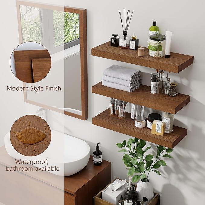 Rustic Floating Shelves, Wooden Floating Shelves for Wall Set of 3, Wall Mounted Dark Wood Shelves for Living Room Bedroom Bathroom Kitchen - Dark Walnut