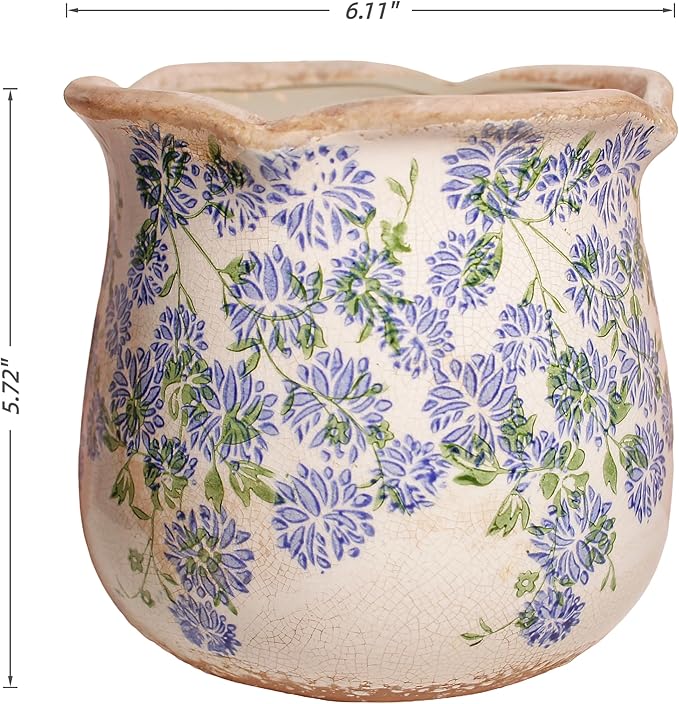 Ceramic Pots for Plants, Vintage Plant Pot with Drainage Hole, 6.11in. Planter for Indoor Plants, Crackle Glaze Finish Flower Pot, Perfect Tuscan Ceramic Planter for Gardening, Antique Blue Meadow