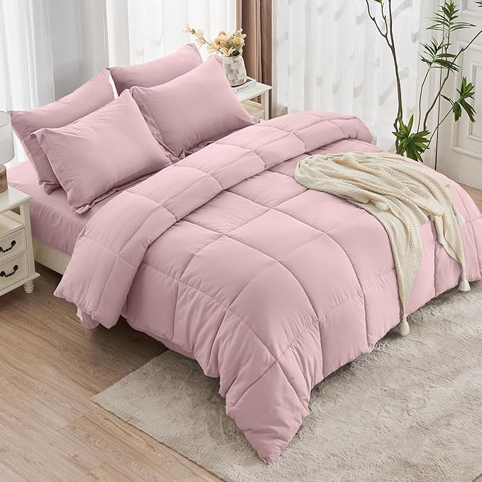 JOLLYVOGUE Twin Comforter Set, Ultra-Soft Bed in a Bag Twin Size 5 Pieces, Oeko-TEX Certified Bedding Set with Down Alternative Comforter, Sheets, Pillowcases & Shams, Camio Pink