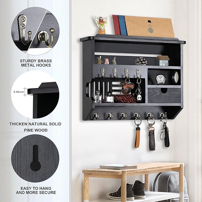Key Holder for Wall, Mail Organizer Wall Mount with Storage Drawer and 10 Hooks, Easy Installation Key Holder Wall Mount for Home Decor, Black