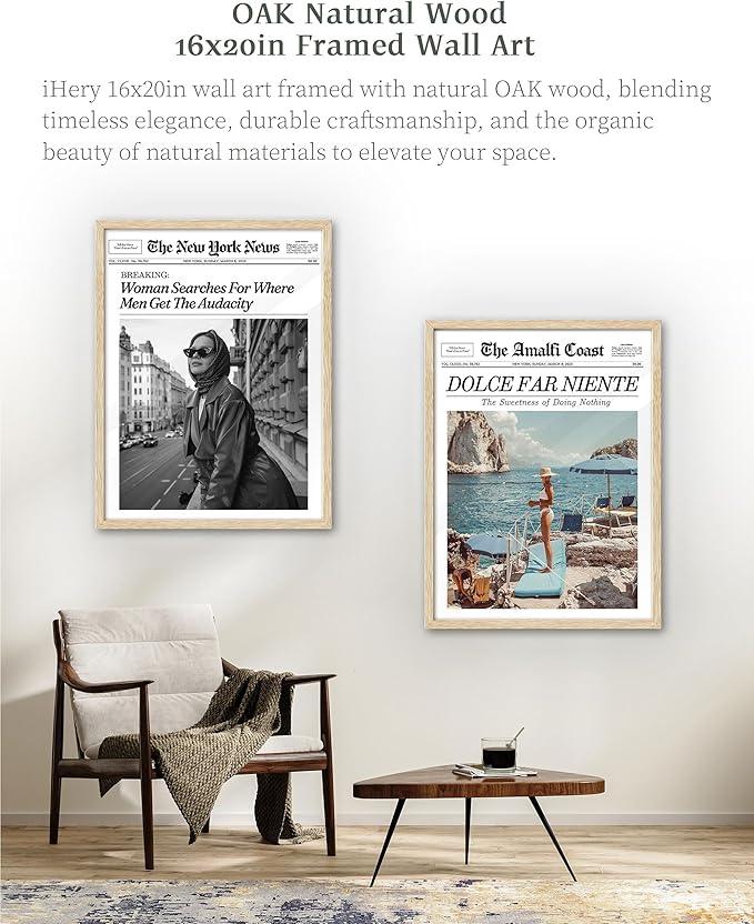 iHery Natural OAK Wood Newspaper Trendy Framed Wall Art, Large Beige 16x20 in Dolce Far Niente Vintage Headline Canvas Wall Art, La Dolce Vita Italian Summer Bedroom Wall Decor Living Room 1Pack