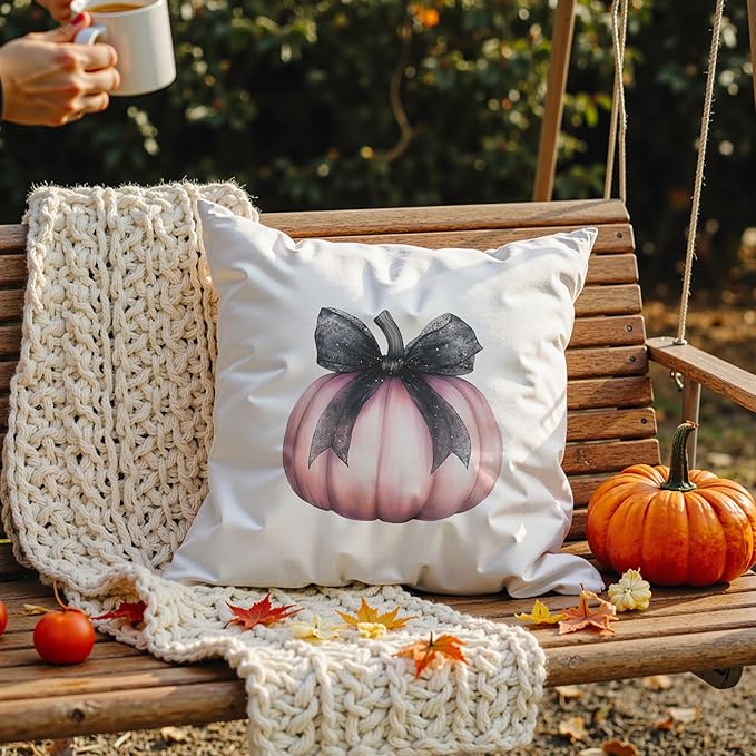 Coquette Pink Pumpkin Black Bow Fall Pillow Covers 18x18, Preppy Fall Decor, Pink Girly Pumpkin Autumn Decorative Throw Pillow Covers for Girls Room Home Dorm Bedroom Living Room