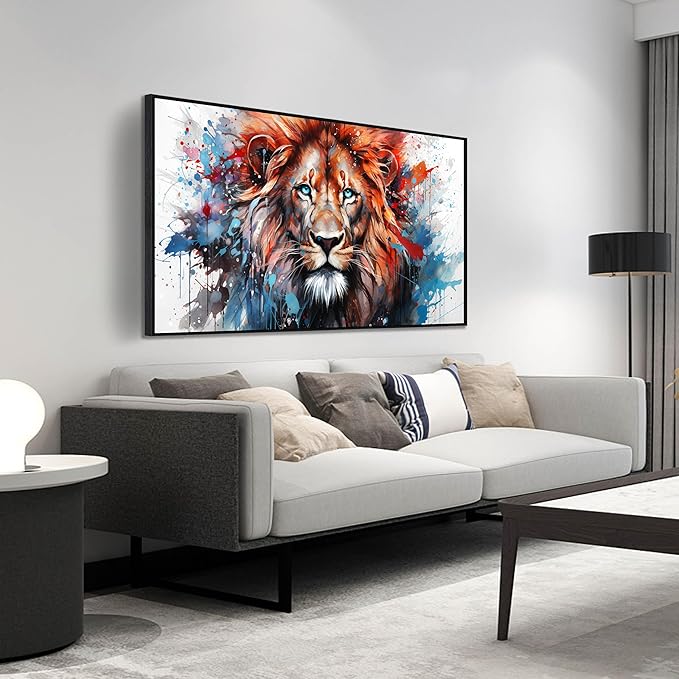 ZHAOSHOP Colorful Lion Wall Art for Living Room - Modern Wall Decor for Office - Teen Bedroom Decor with Black Framed Size 24" x 48"