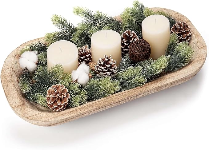 Wooden Dough Bowl Decor, Key Decorative Centerpiece Bowl, Hand Carved Baguette Bowl, Home Decor for Dining Table Center, Living Room, Kitchen (L14.6*W10.2*H0.8 inches) Squircle-Natural