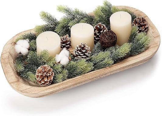 Wooden Dough Bowl Decor, Key Decorative Centerpiece Bowl, Hand Carved Baguette Bowl, Home Decor for Dining Table Center, Living Room, Kitchen (L14.6*W10.2*H0.8 inches) Squircle-Natural