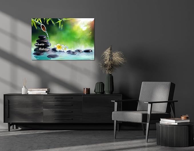 YIOZHAOFH Spa Canvas Print Art Nature Zen Painting Relaxing Bathroom Wall Art Decor White Lotus Pictures Framed Artwork Inhale Exhale Poster Office Decor for Spa Room Bedroom (20L x 30W)