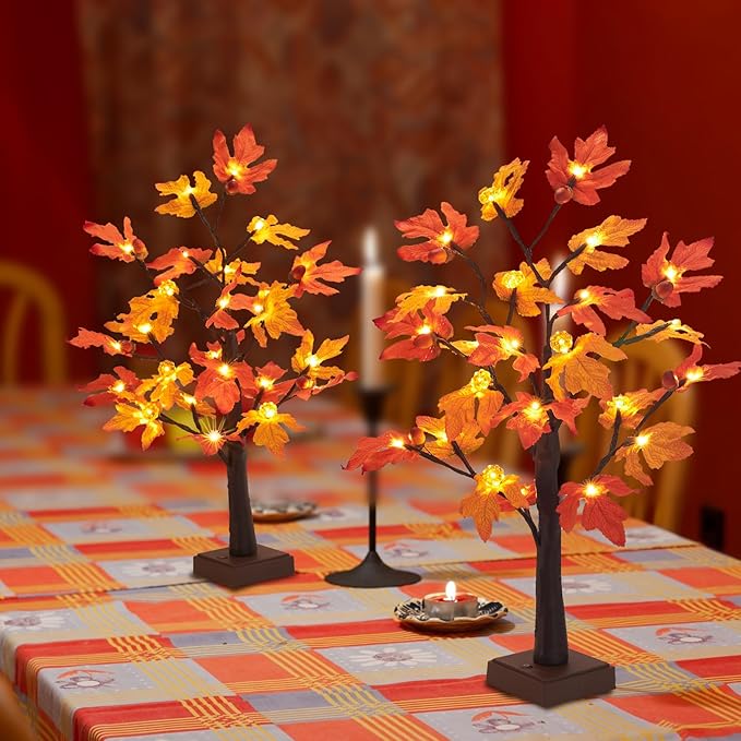 Fall Decor 2 Pack 24 Inch Maple Tree Lights - 48 LED Autumn Decorations with Pumpkins & Acorns, Timer, USB & Battery Powered - Thanksgiving Decorations for Home Table Indoor Fireplace
