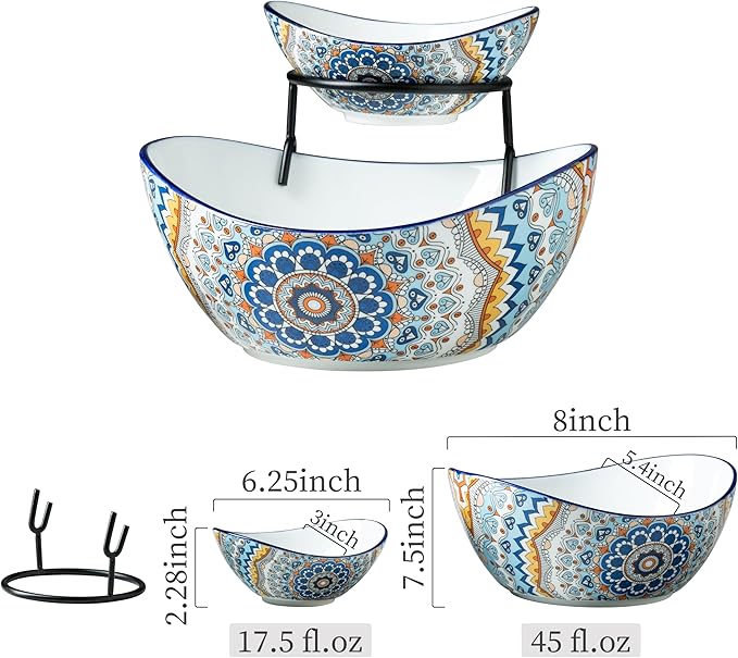 YHOSSEUN Chip and Dip Serving Set, 2 Tierd Serving Bowl Set Ceramic Chip and Dip Bowls with Stand, Serving Dishes for Entertaining Appetizer Serving Food Display Stand for Parties